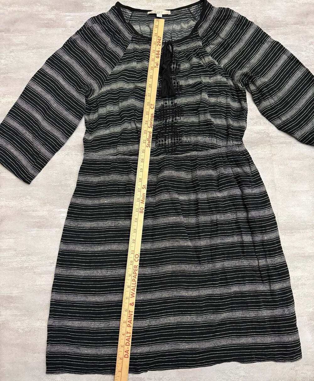 LOFT Ann Taylor Black & White Striped Embroidered Tassel Boho Dress Size L - Picture 3 of 5